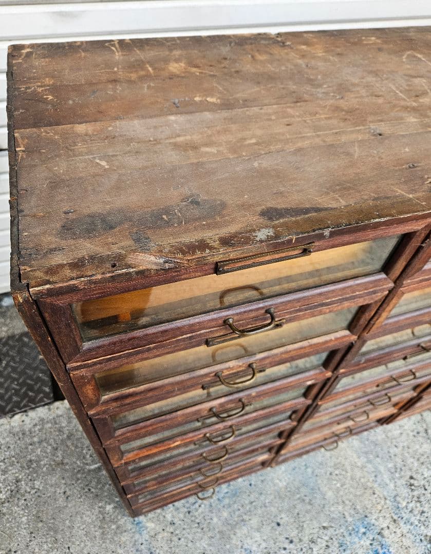 USヴィンテージ 古いシャツケース 木製×ガラス 24杯 引出し 収納 古家具