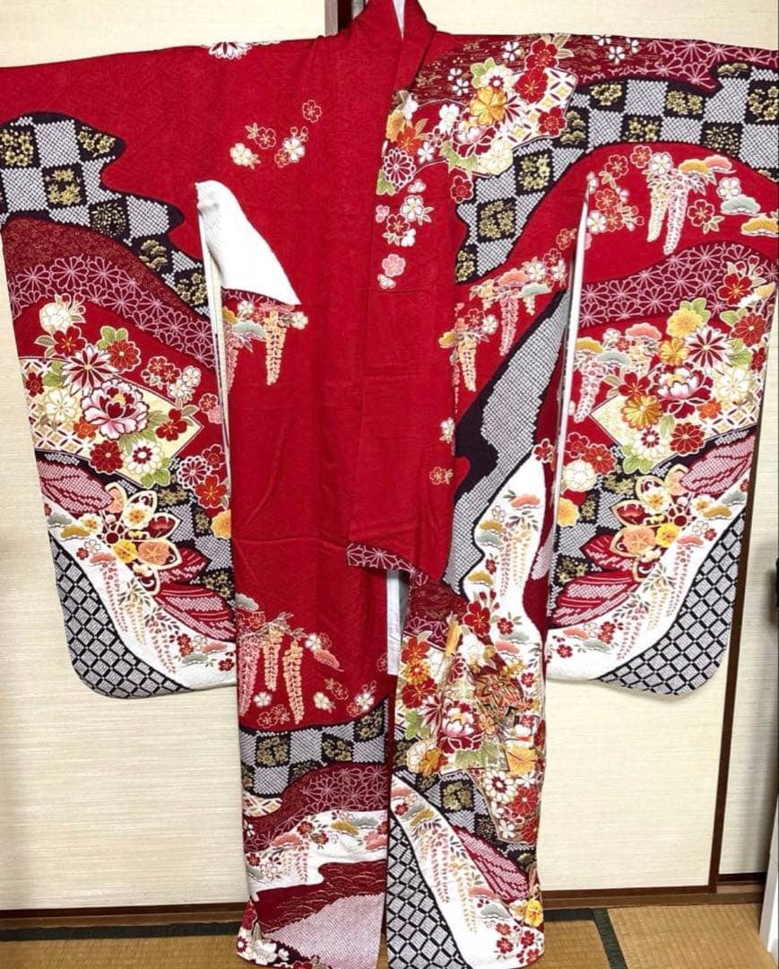 赤 吉祥文様 華 振袖 身丈161