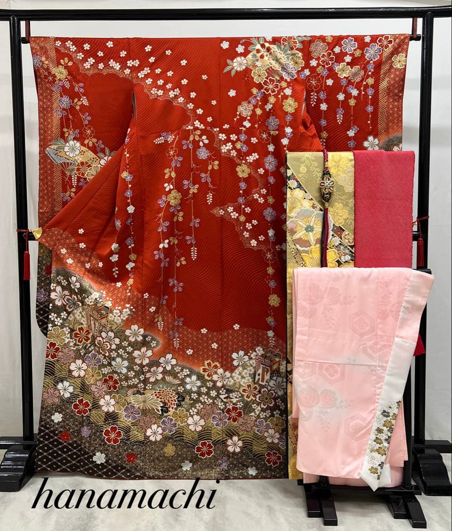 振り袖　フルセット　長襦袢　成人式　金彩加工　刺繍　全通袋帯　重ね襟付き656