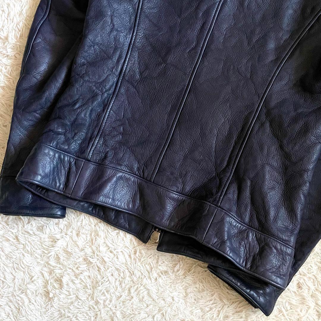【美品】ジュンハシモト インナーライダースジャケット 牛革 シワ加工 紺 M
