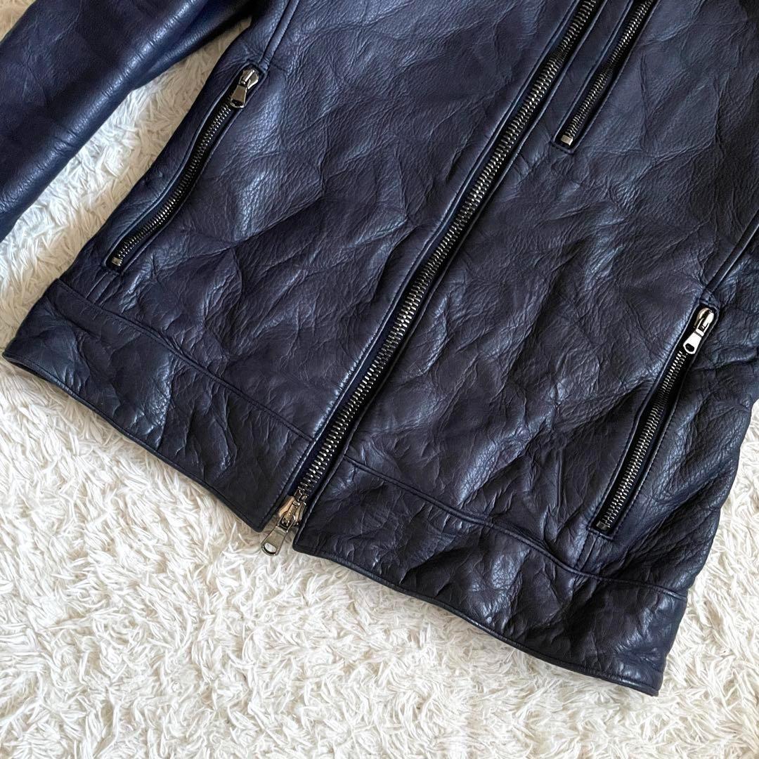 【美品】ジュンハシモト インナーライダースジャケット 牛革 シワ加工 紺 M