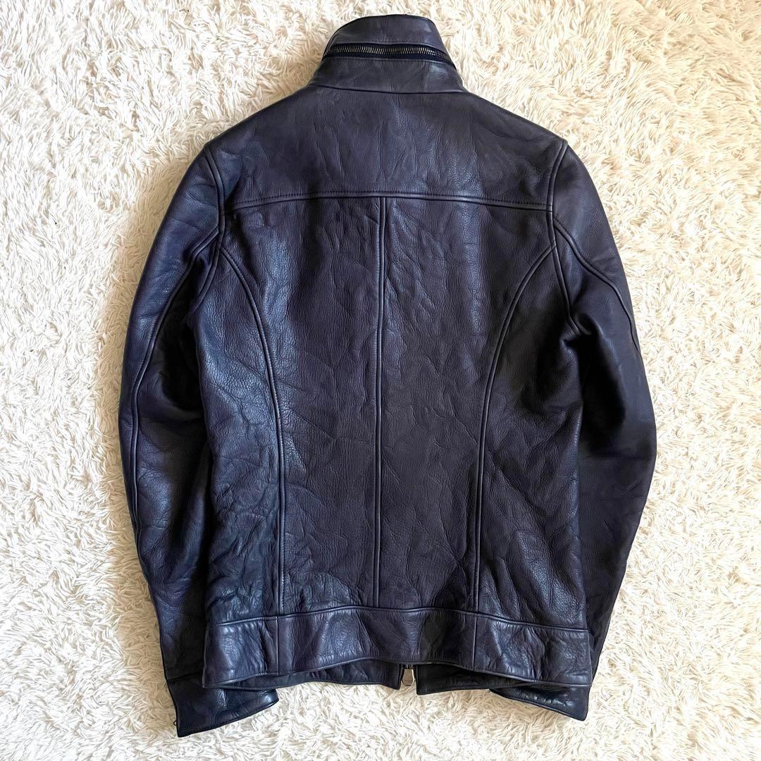 【美品】ジュンハシモト インナーライダースジャケット 牛革 シワ加工 紺 M