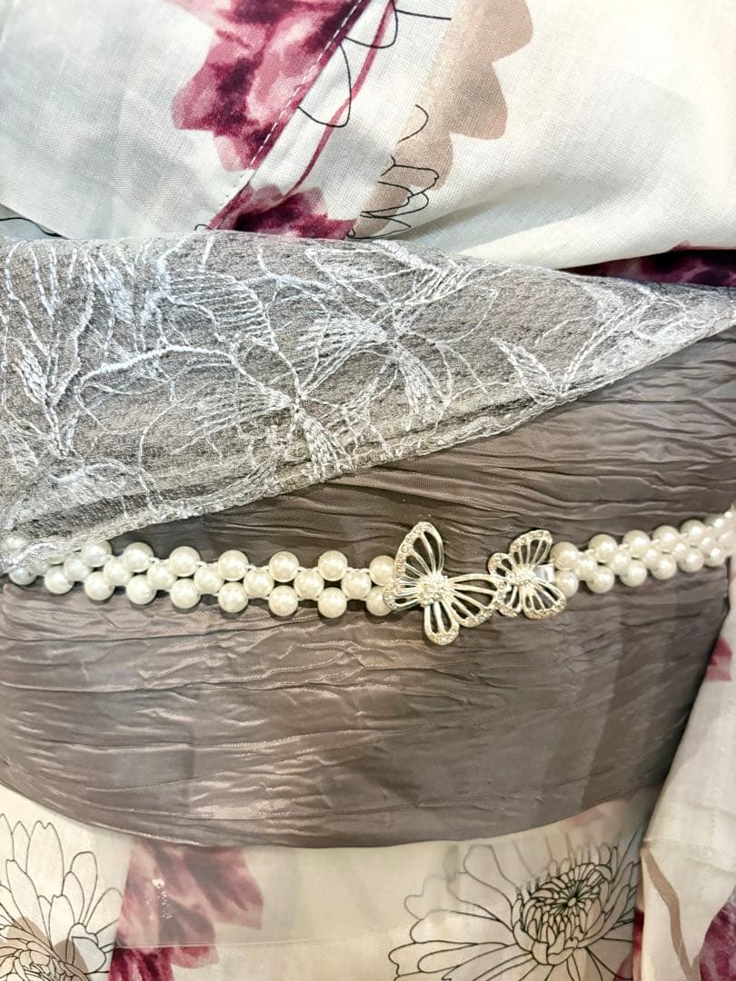 GRL グレイル　浴衣+帯留+兵児帯セット　ダリア柄　花柄　白　tu1496