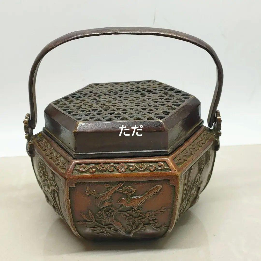 銅製 提梁暖手炉 喜上枝頭手提げ暖手炉 香炉 香道具 装飾品 工芸品 置物