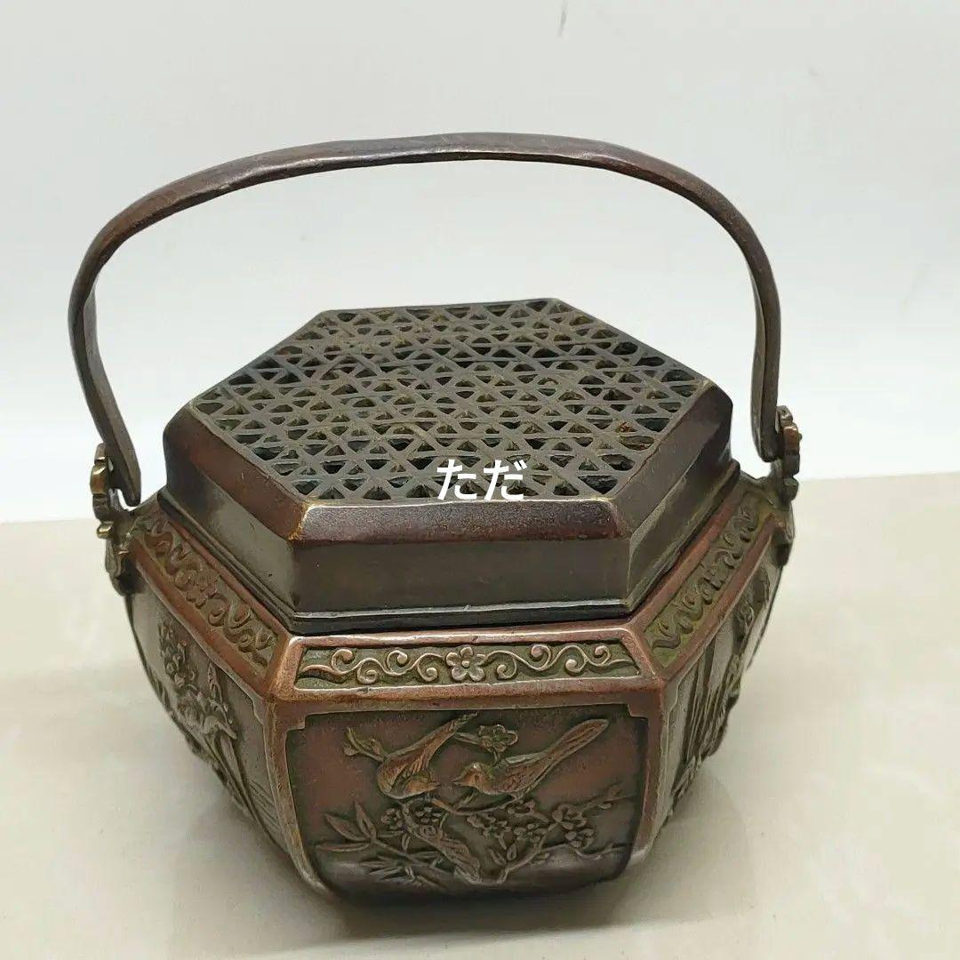 銅製 提梁暖手炉 喜上枝頭手提げ暖手炉 香炉 香道具 装飾品 工芸品 置物