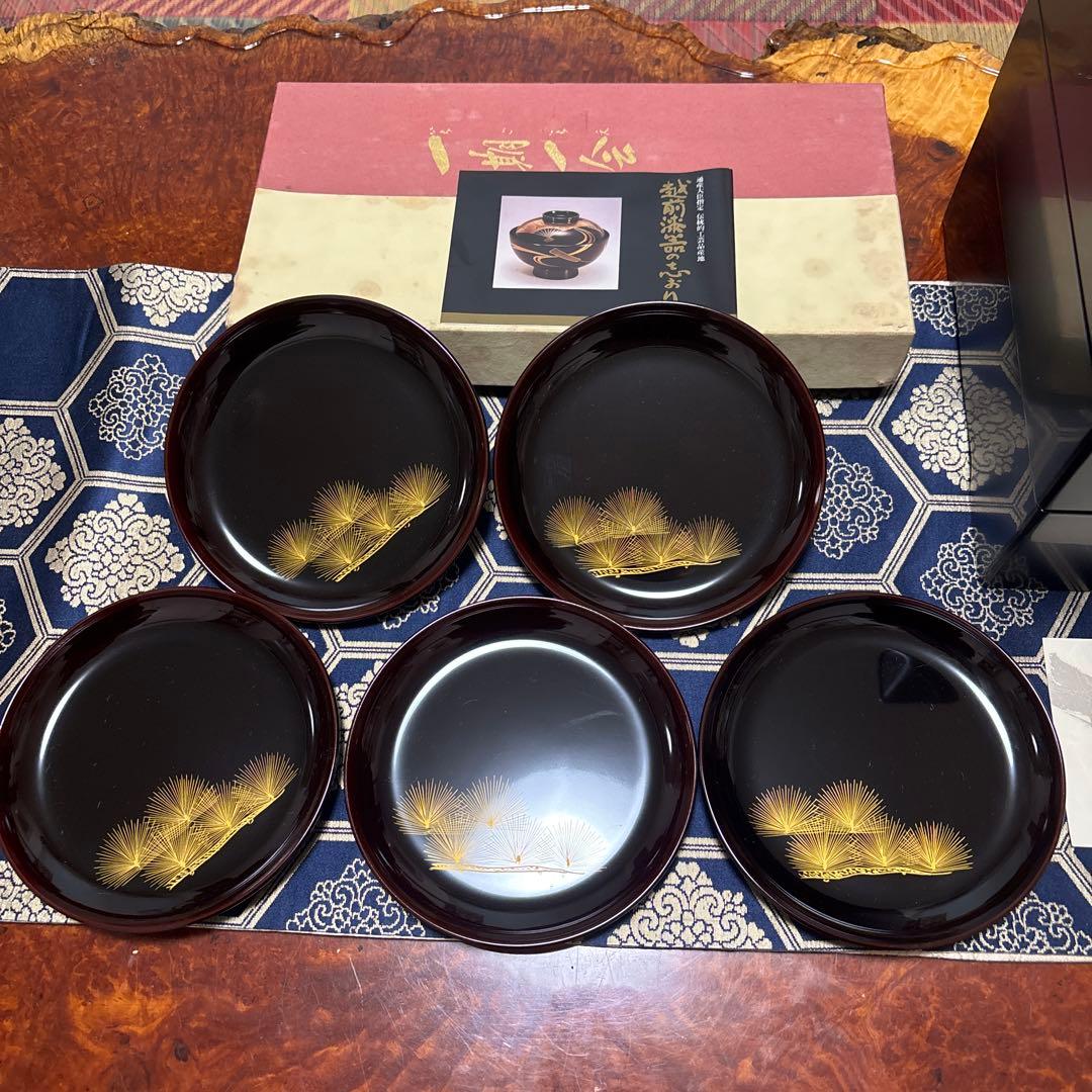 越前漆器 皿5枚セット 、会津塗金色の松の葉模様三段重箱