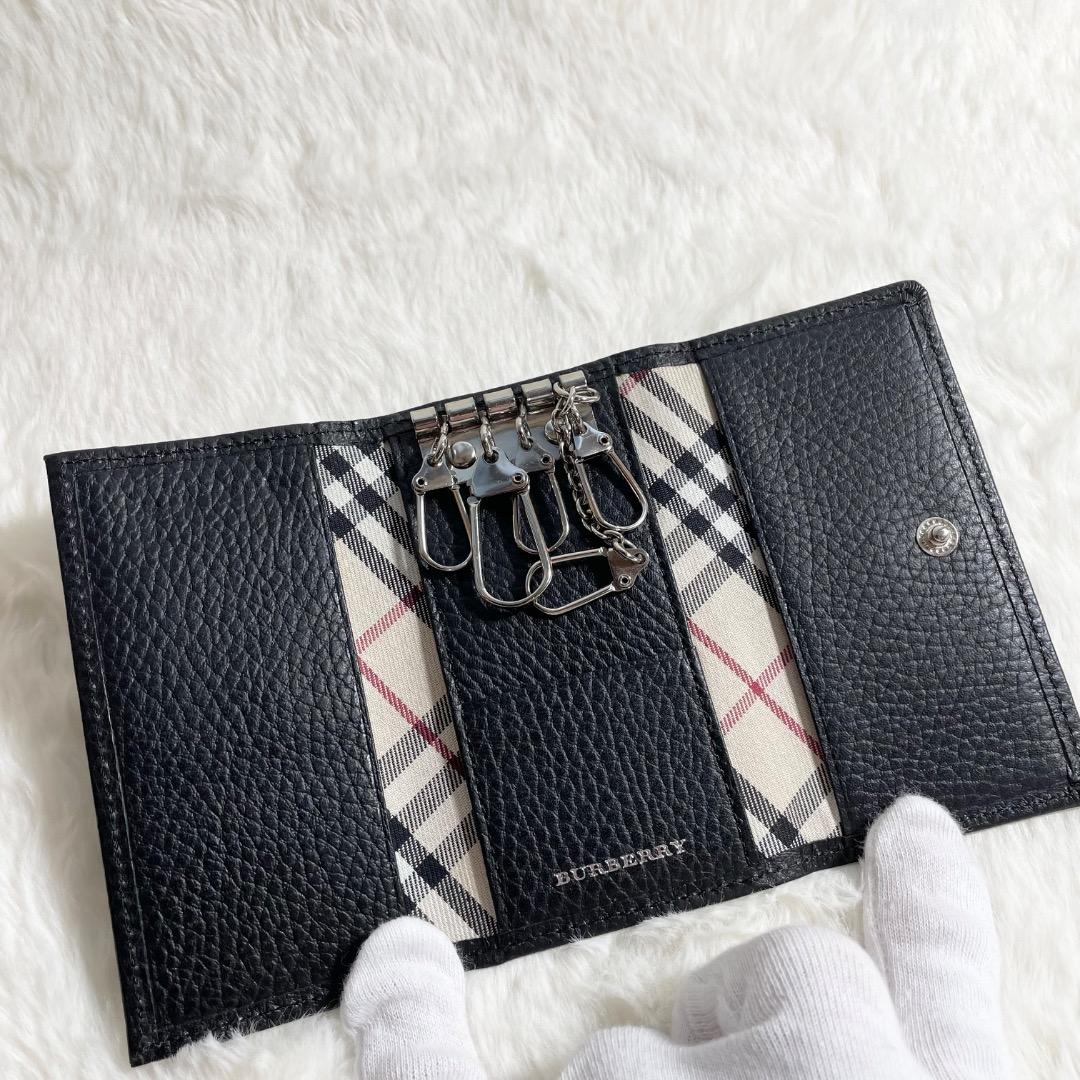美品 BURBERRY レザー×ノバチェック柄 4連 キーケース ブラック