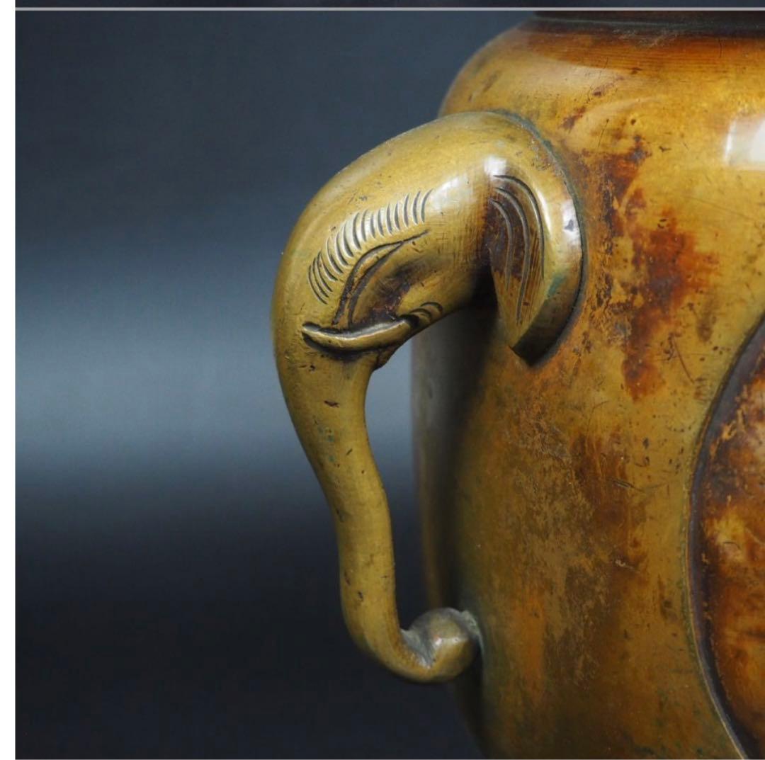 送料無料　高肉彫　江戸時代宣徳銅花鳥文彫刻火鉢　②