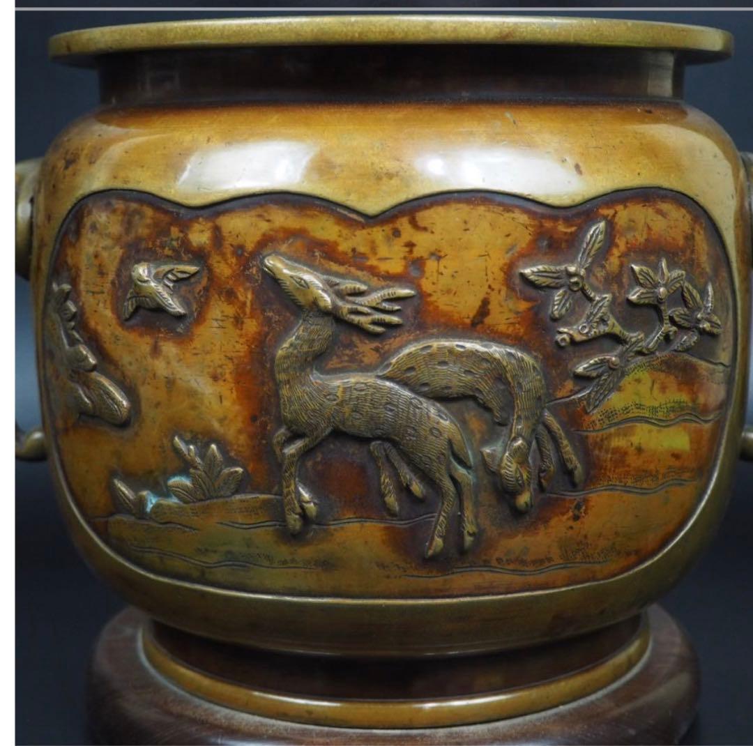 送料無料　高肉彫　江戸時代宣徳銅花鳥文彫刻火鉢　②