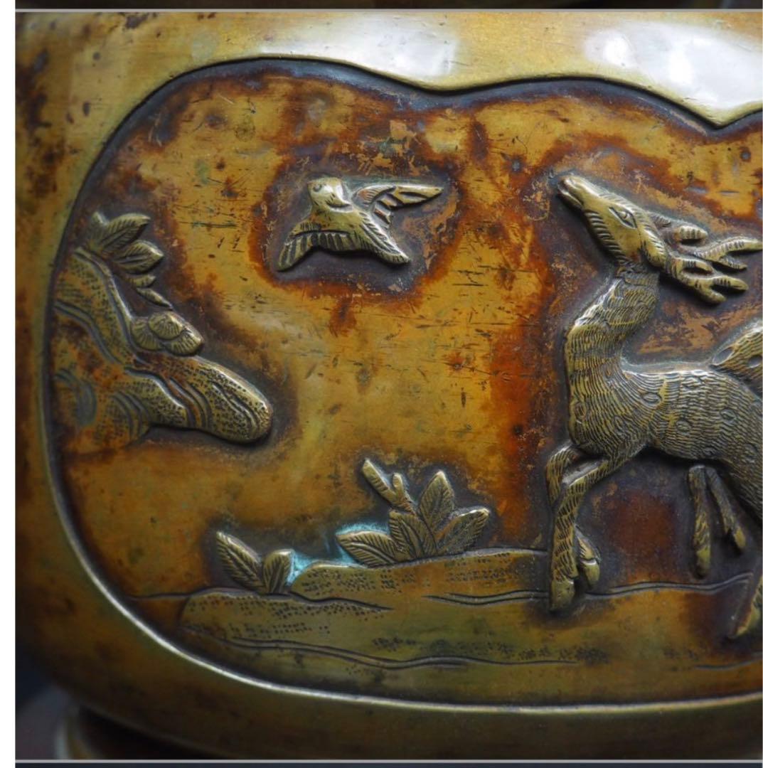 送料無料　高肉彫　江戸時代宣徳銅花鳥文彫刻火鉢　②