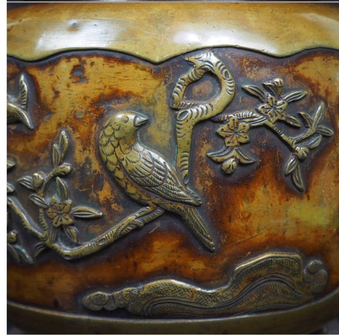 送料無料　高肉彫　江戸時代宣徳銅花鳥文彫刻火鉢　②