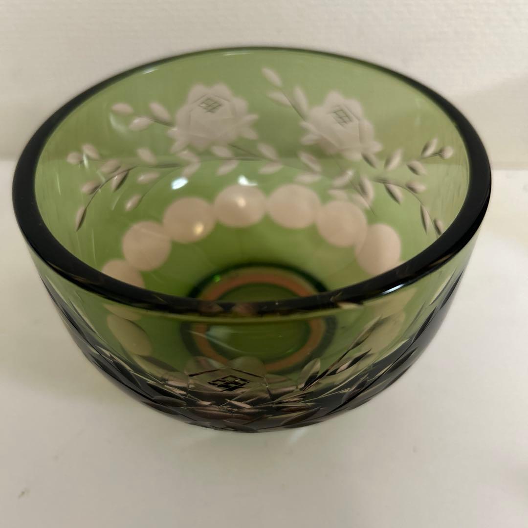 ぴ*ん様 ぎやまん　義山　北一ガラス　切子　抹茶椀　グリーン×ピンク