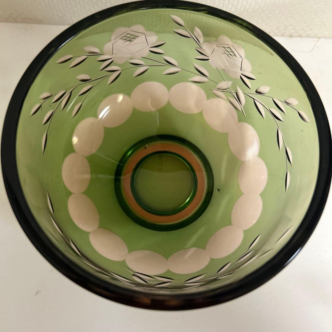 ぴ*ん様 ぎやまん　義山　北一ガラス　切子　抹茶椀　グリーン×ピンク