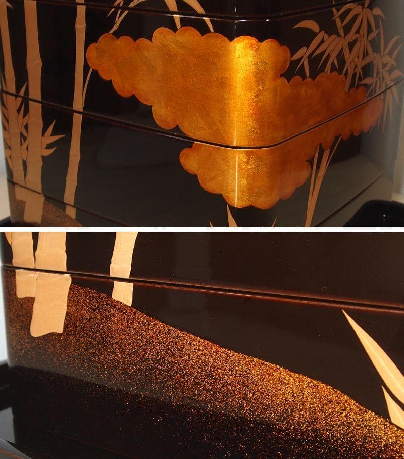 【極美品】輪島塗 わじま慶塚 竹に雲蒔絵 四段重箱 台付き 弁当箱/お重 漆器