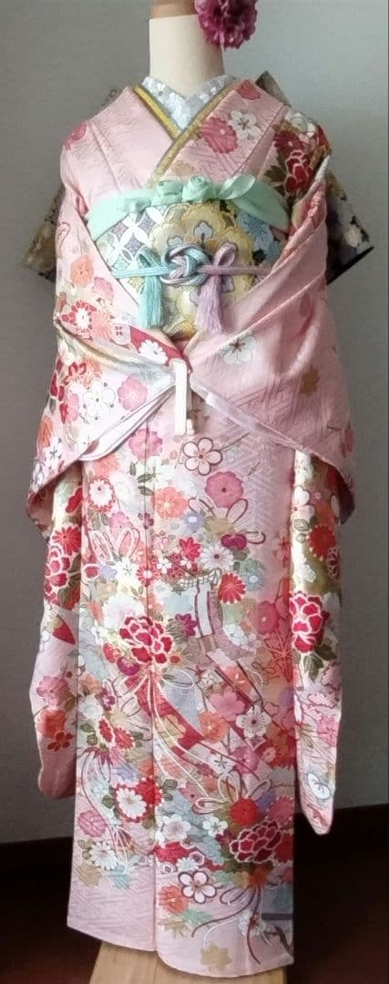 k様　441.花の妖精　振袖7点セット　正絹　フルセット　成人式　可愛いピンク