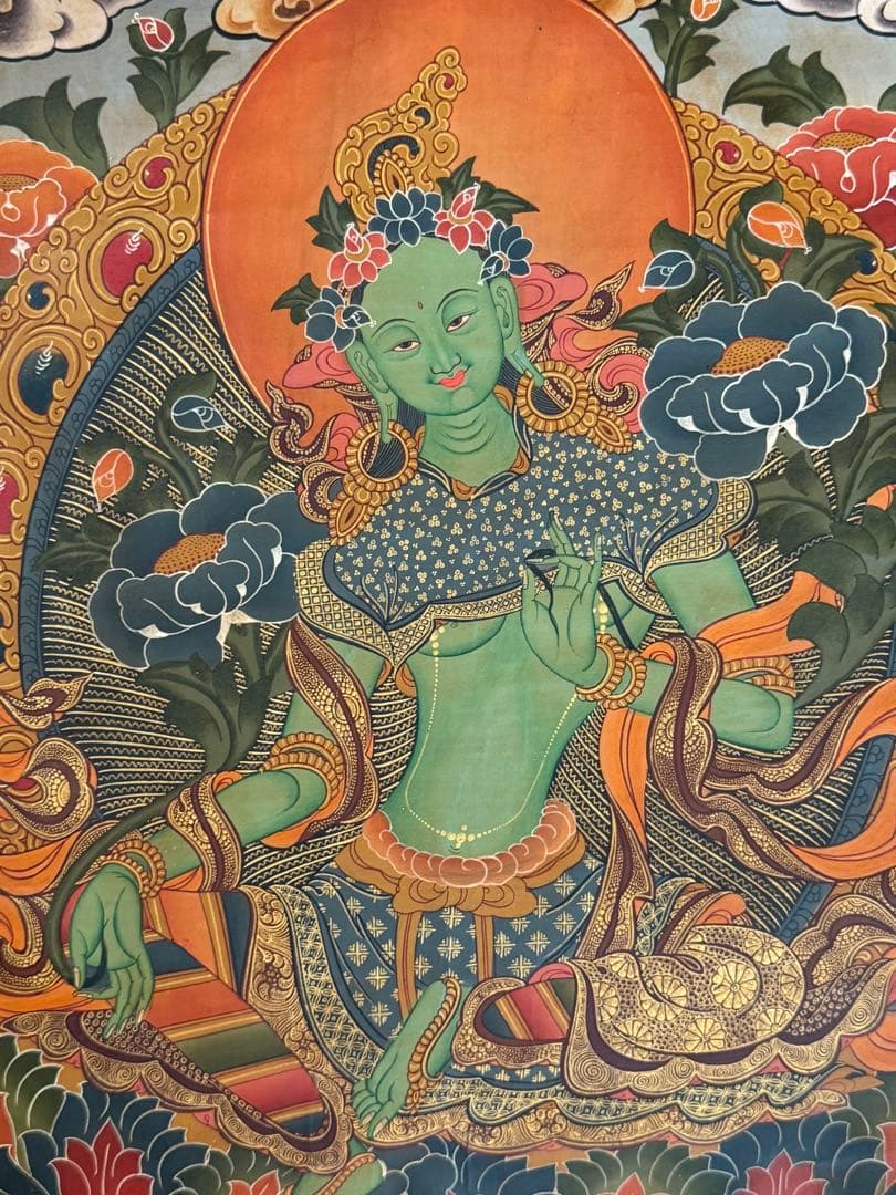 グリーンターラ　観音　西蔵 タンカ　絹本　肉筆　仏画　仏教美術 チベット 原画