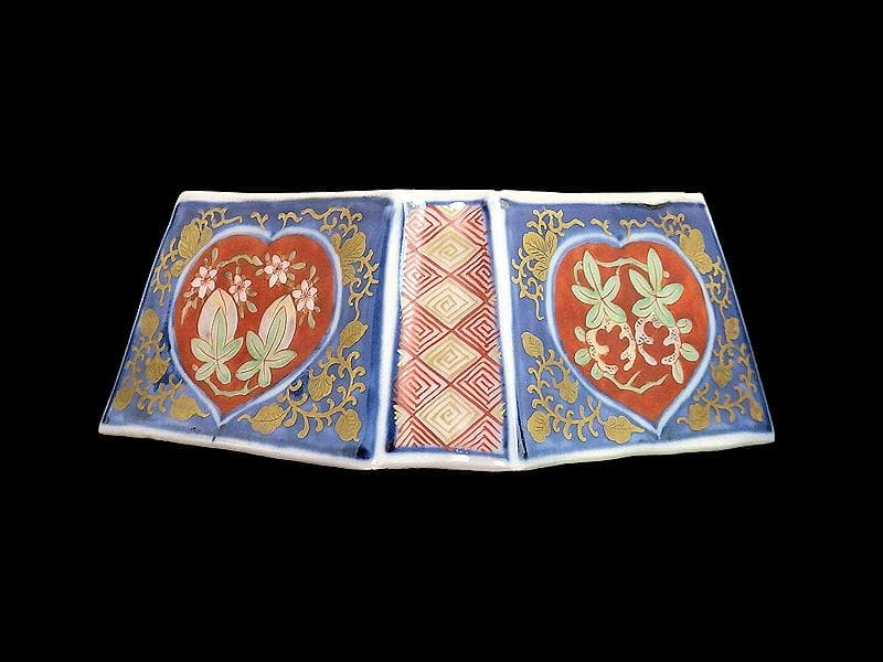 大聖寺伊万里　金襴手　桃に柘榴　大樹に欄干の図　四方角向付　E101AS-CQi