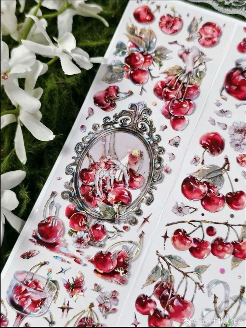 贝壳光 复古樱桃 6cm×10m 海外マステ さくらんぼ 骸骨 ダーク系