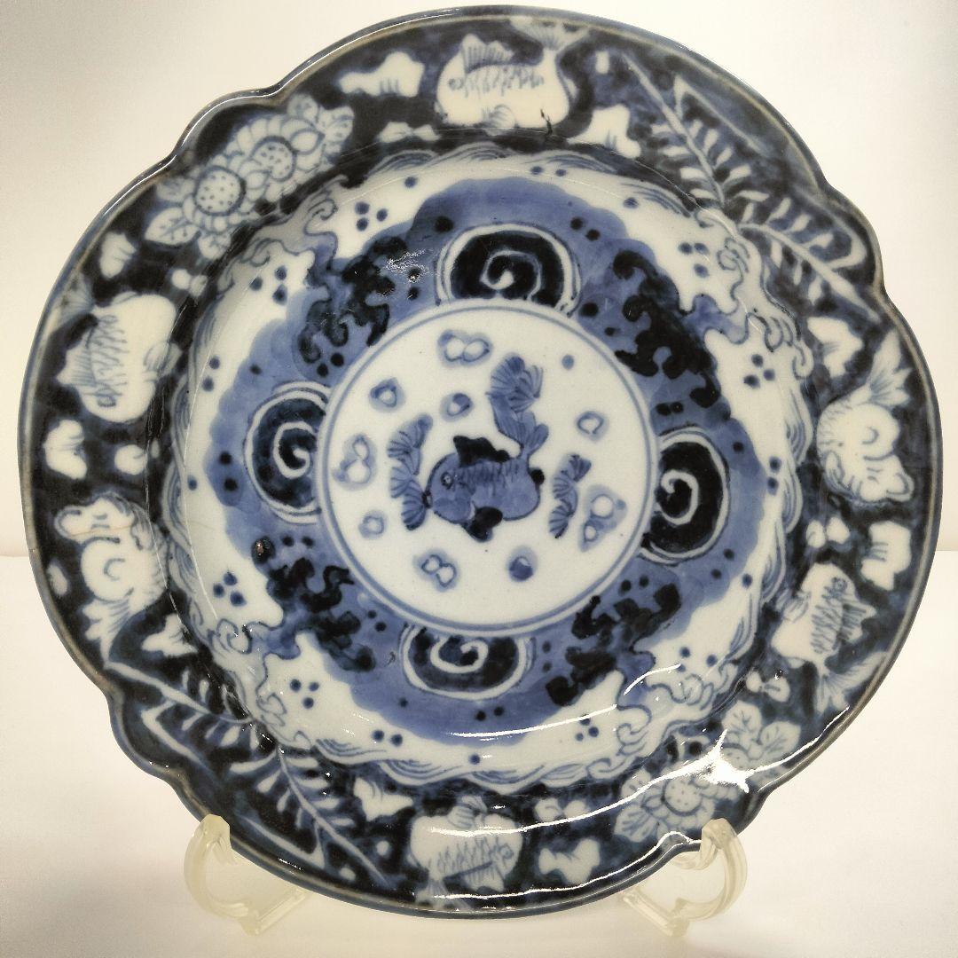 Ｙ556-6 明治期 古伊万里 染付 中皿 魚文 直径17㎝ QQQ