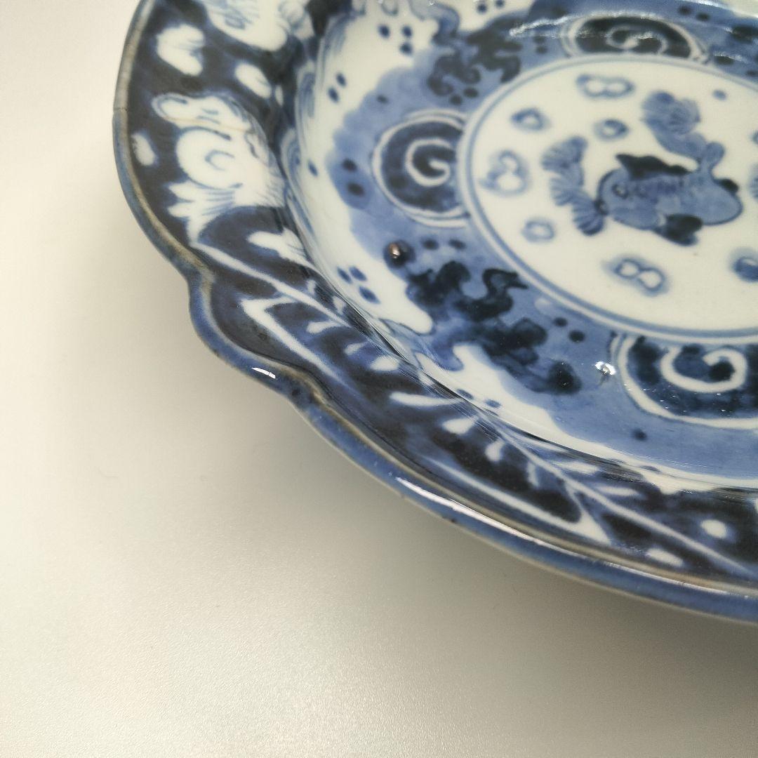 Ｙ556-6 明治期 古伊万里 染付 中皿 魚文 直径17㎝ QQQ