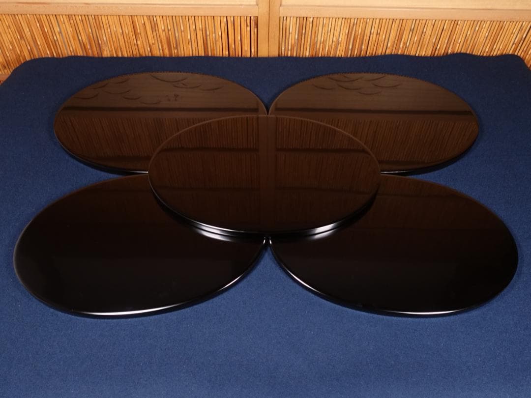 最終値下 輪島塗 黒塗 沈金柘榴文 楕円形盆 卓上膳 5客 共箱