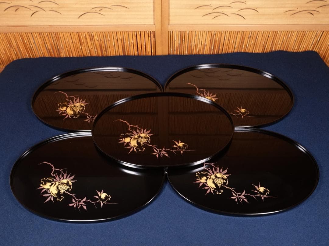 最終値下 輪島塗 黒塗 沈金柘榴文 楕円形盆 卓上膳 5客 共箱
