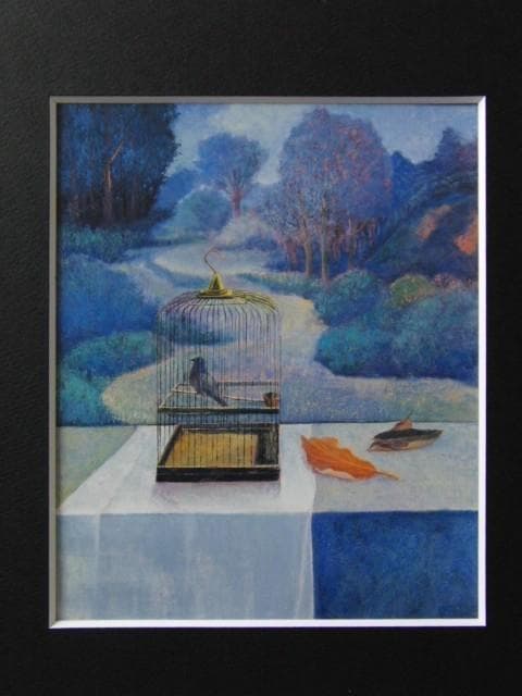 永井金四郎、【鳥籠のある風景】、希少な額装用画集より