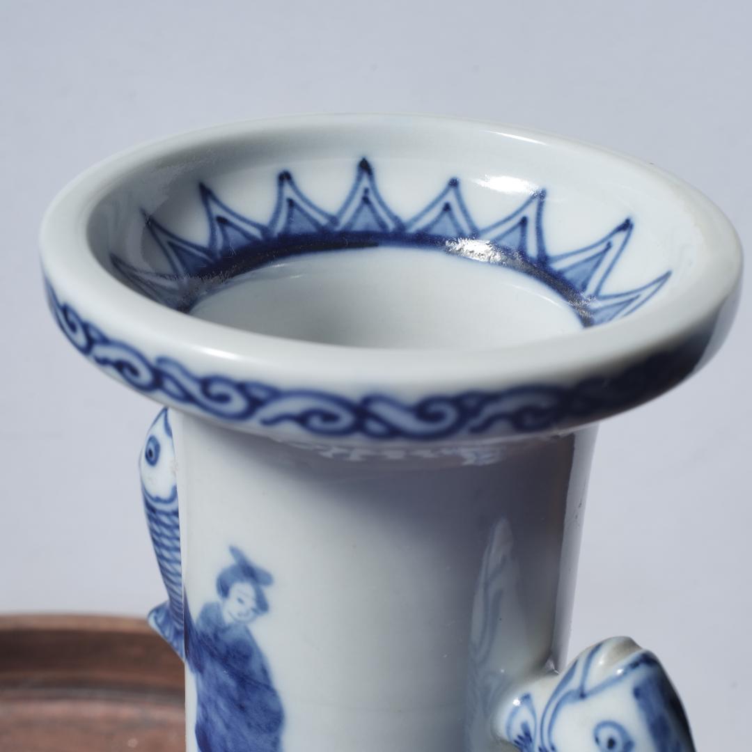 【民藝】景徳鎮 染付高砂手花瓶 魚双耳 花瓶 花入 人物図 細密