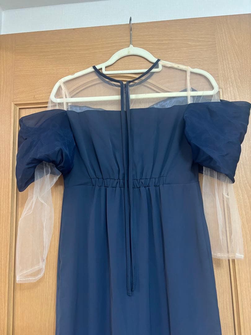 ネイビー オフショルダー パーティードレス
