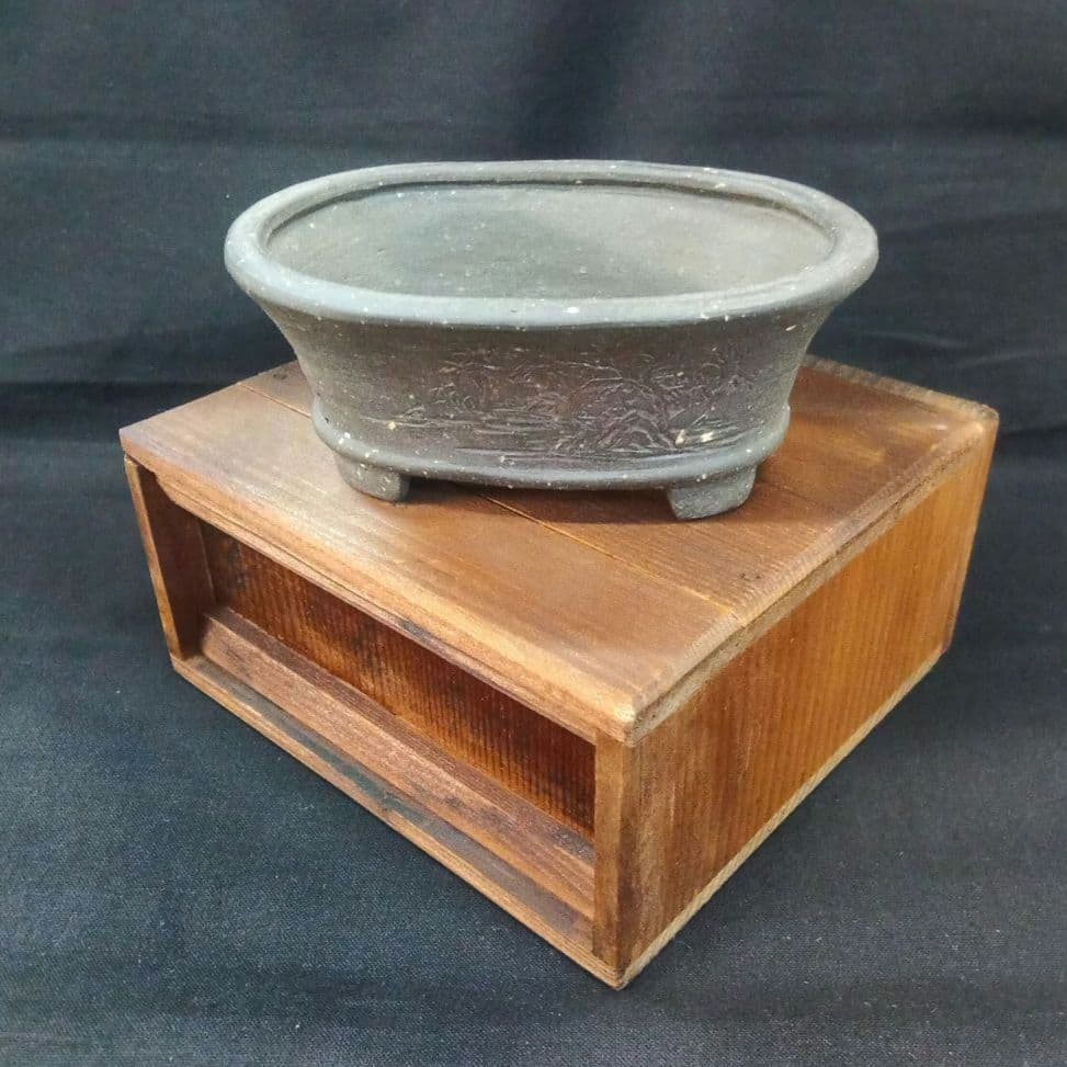 012.【陶翠】山水/楕円盆栽鉢/木箱付き