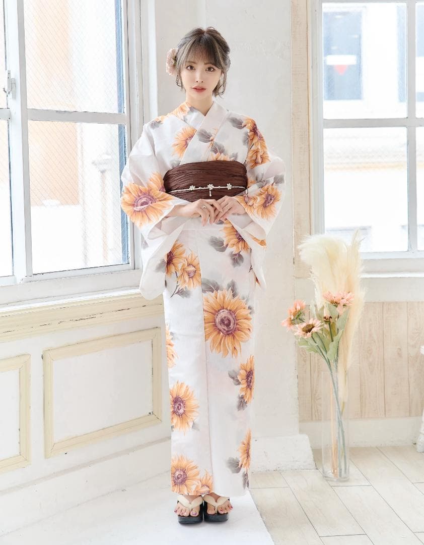 新品 浴衣 セット 浴衣セット ゆかた 大人 レディース 白 向日葵 Y4-53