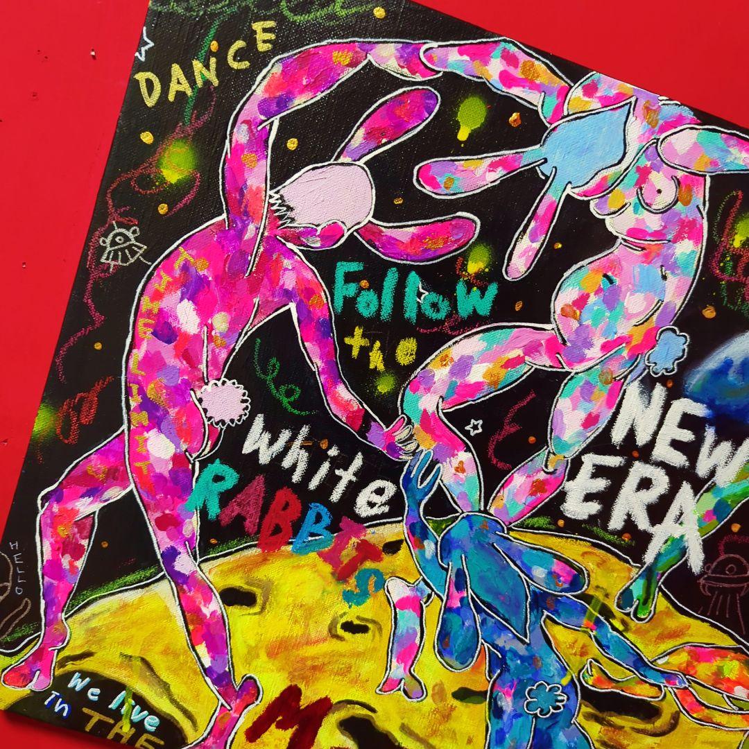 【一点物現代アート】月の裏側でダンスするうさぎの絵【F8号】