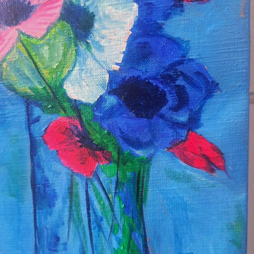 キャンバス油絵　専用　青い背景のコップに入れた野のお花　抽象静物画