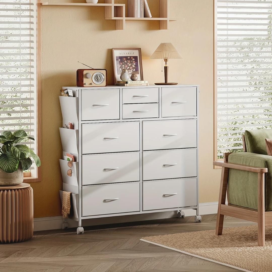 キャスター付きチェスト＆サイドポケット、4段引き出し