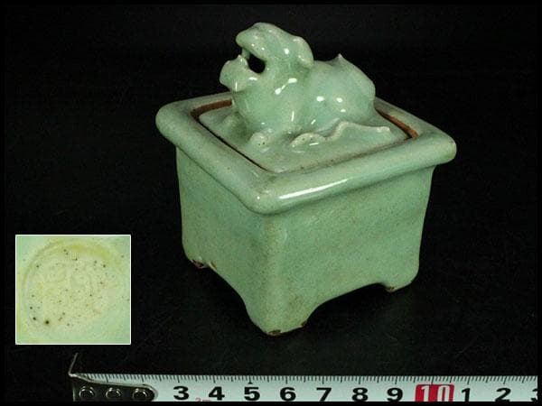 茶道具 青磁 獅子蓋 四方 香炉(K-A359)