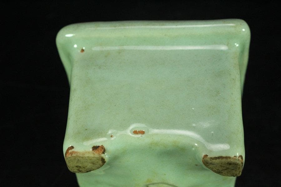 茶道具 青磁 獅子蓋 四方 香炉(K-A359)