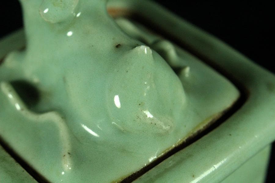 茶道具 青磁 獅子蓋 四方 香炉(K-A359)