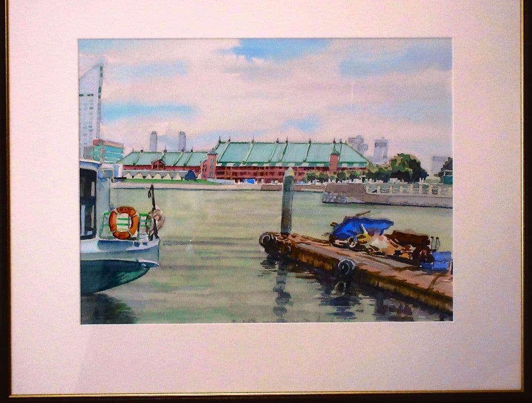 港の風景 水彩画 フレーム付き F6サイズ 原画