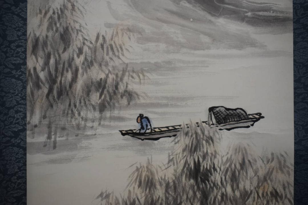 真作/籟山/山水漁師人物図/布袋屋掛軸HJ-258