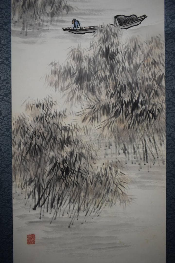 真作/籟山/山水漁師人物図/布袋屋掛軸HJ-258