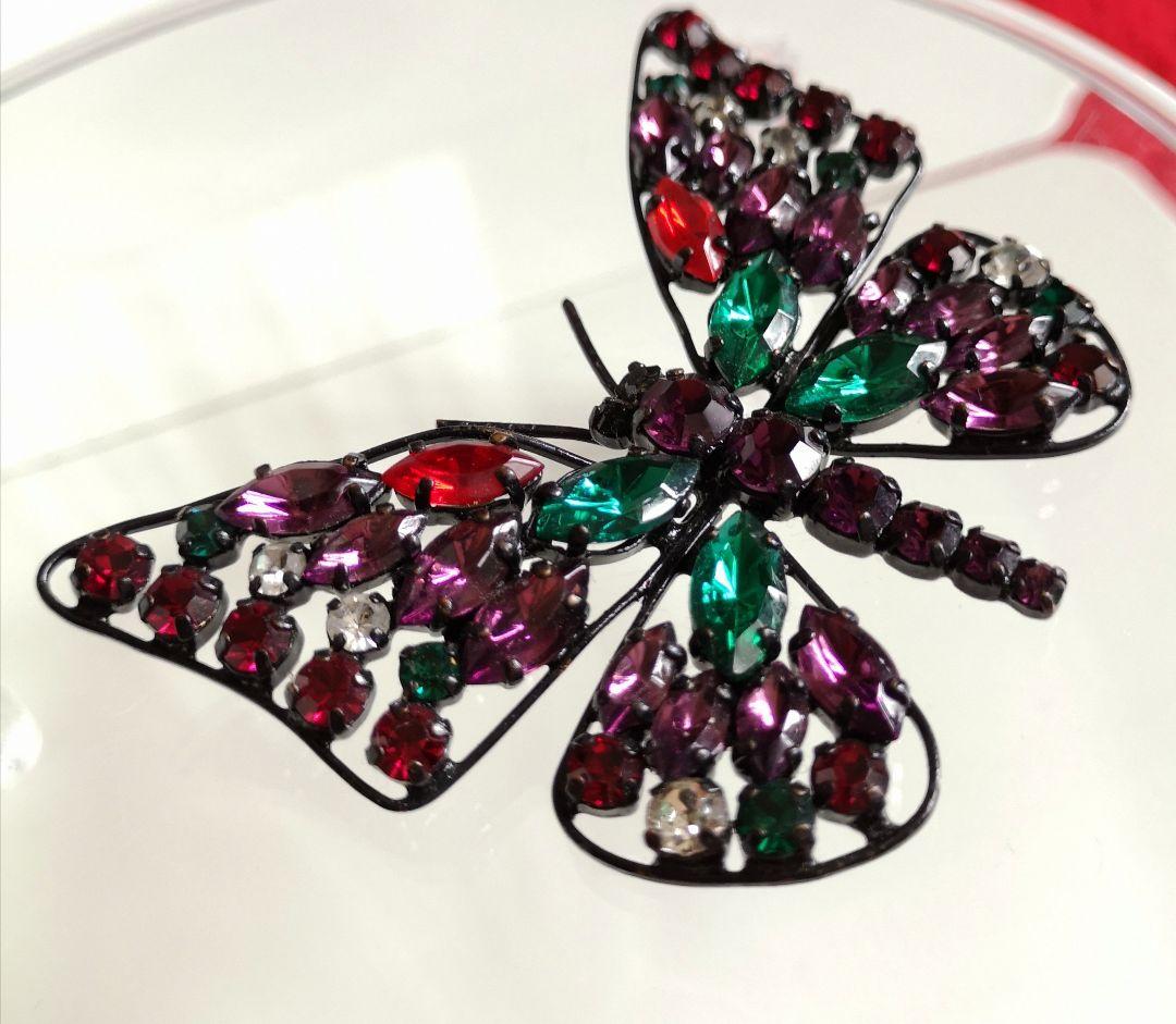 ビンテージ ブローチ チェコ硝子 バタフライ 5色クリスタル装飾 238
