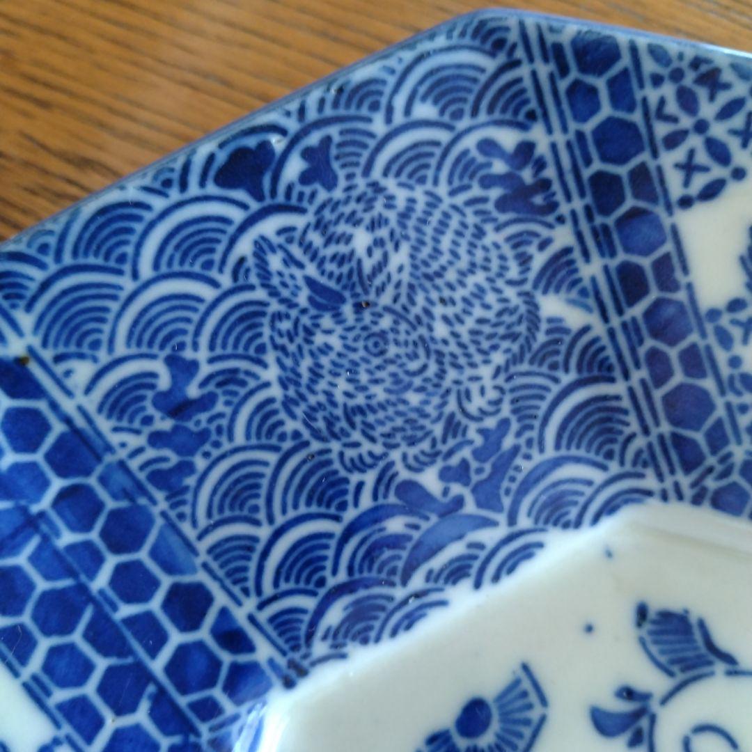 印判 隅切り 八角大皿 野兎と獅子 骨董 アンティーク