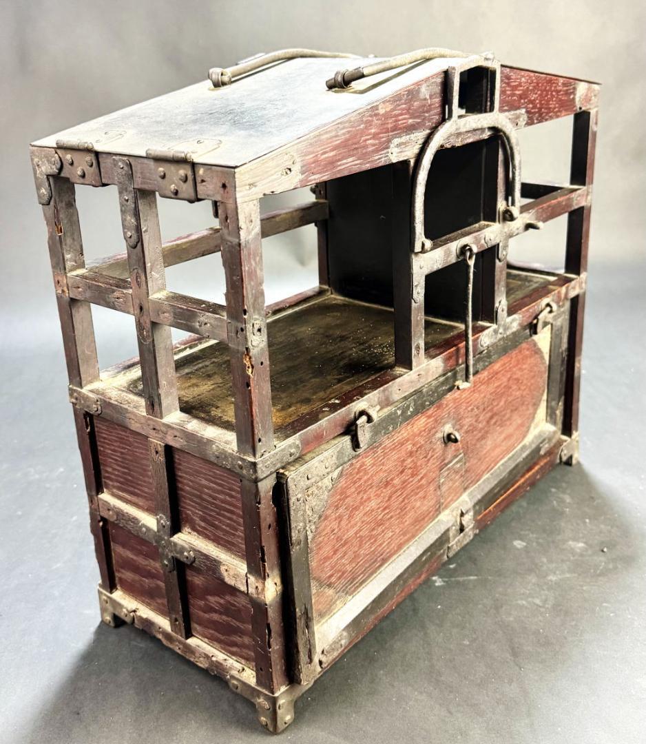 江戸時代 岡持ち 木製二段式野弁当箱 担ぎ式 茶道具 遊山箱 唐木WWWT028