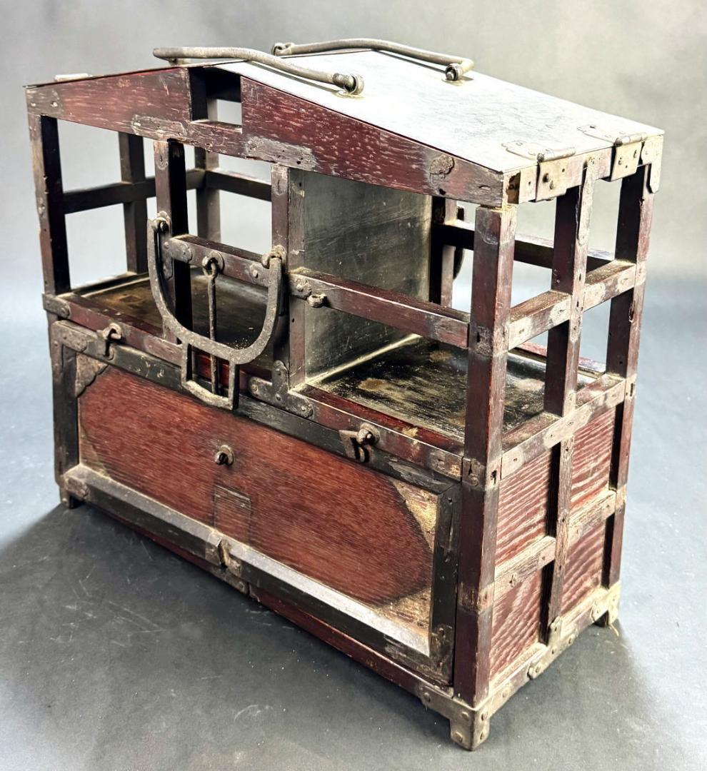 江戸時代 岡持ち 木製二段式野弁当箱 担ぎ式 茶道具 遊山箱 唐木WWWT028