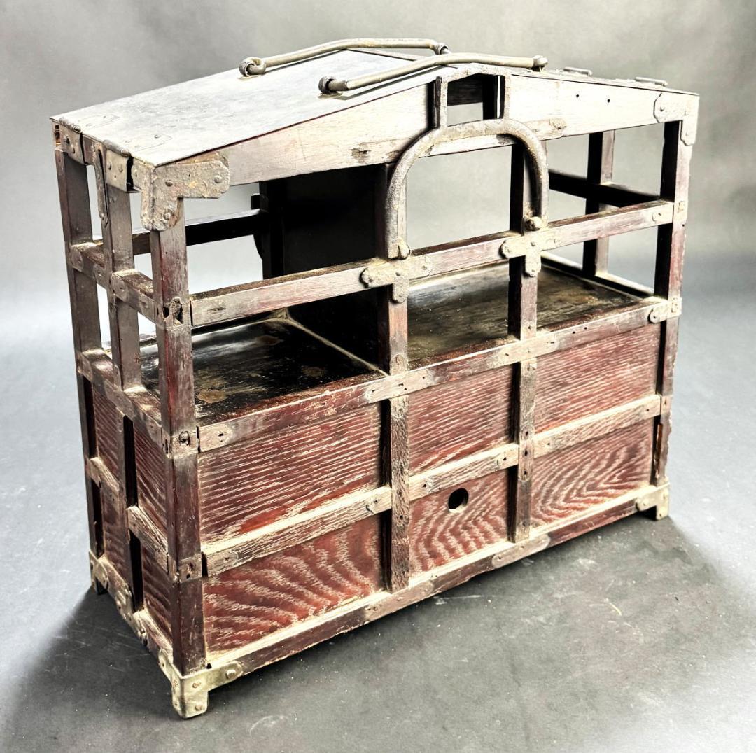 江戸時代 岡持ち 木製二段式野弁当箱 担ぎ式 茶道具 遊山箱 唐木WWWT028