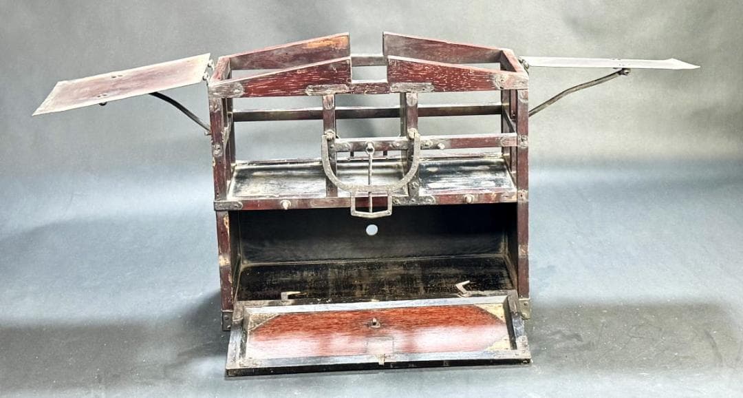 江戸時代 岡持ち 木製二段式野弁当箱 担ぎ式 茶道具 遊山箱 唐木WWWT028