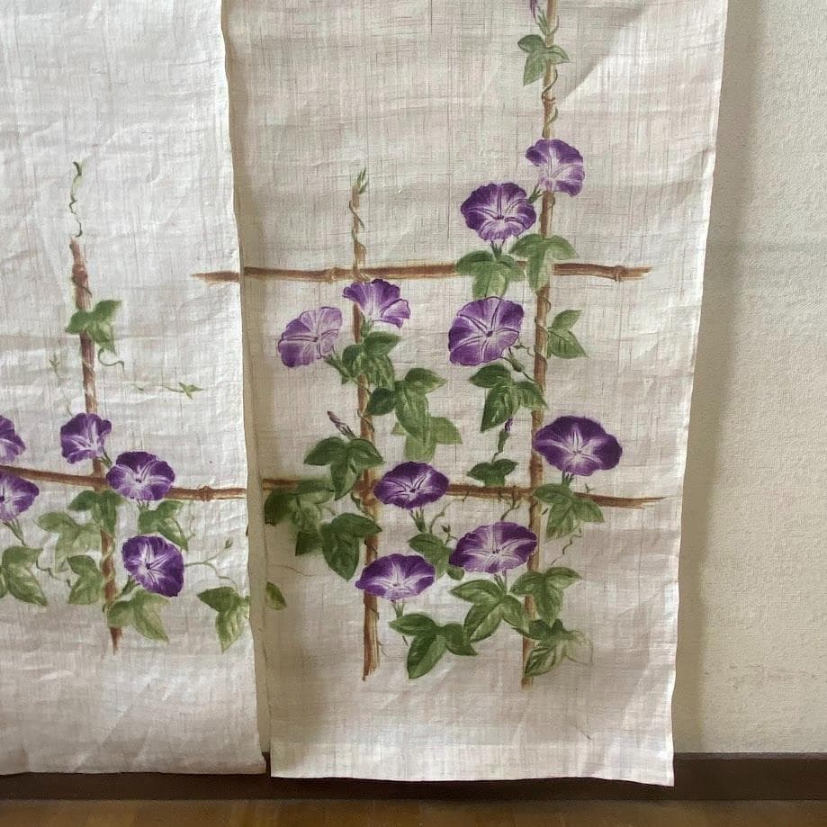 手描き麻暖簾【朝顔】手染 のれん 巾85×151cm　一点物　古布　アンティーク