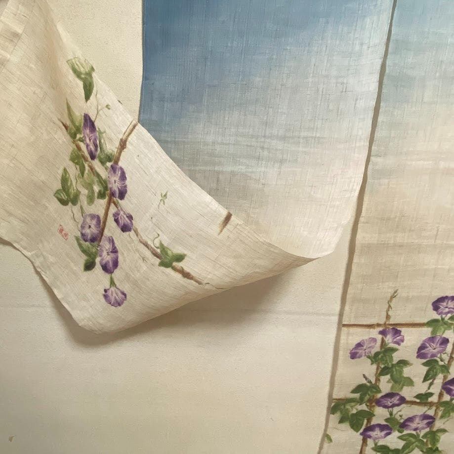 手描き麻暖簾【朝顔】手染 のれん 巾85×151cm　一点物　古布　アンティーク