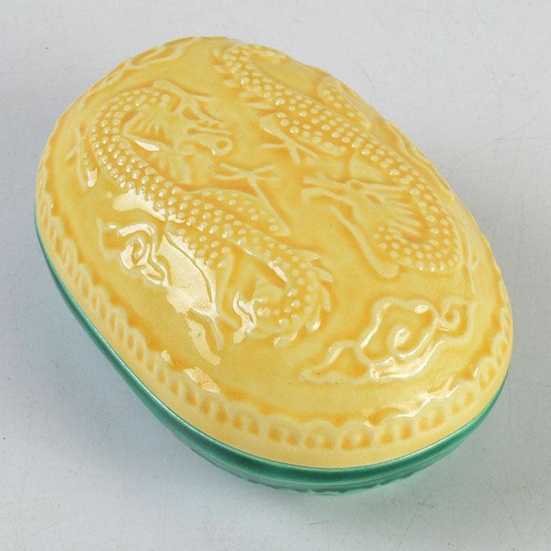 茶道具　粟田焼　岡田佳山作　黄交趾小判龍　香合　共箱　V　9523