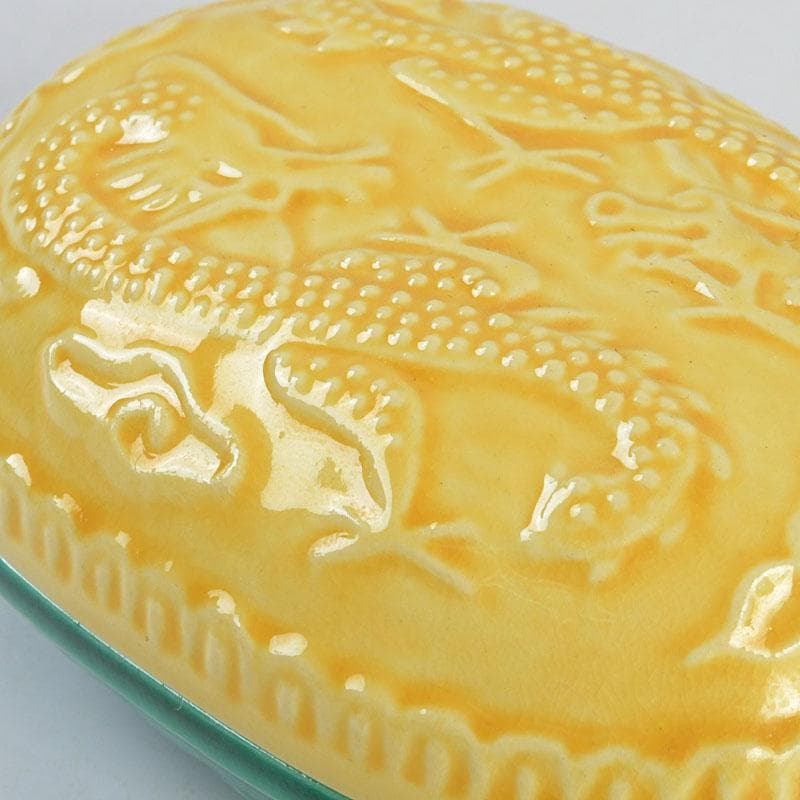 茶道具　粟田焼　岡田佳山作　黄交趾小判龍　香合　共箱　V　9523